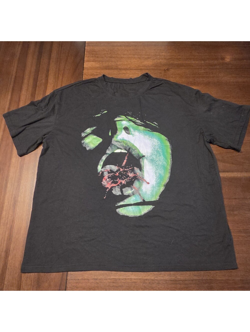 Edgy Spider in Mouth Graphic Tee Mens XL Black Green Aesthetic Streetwear